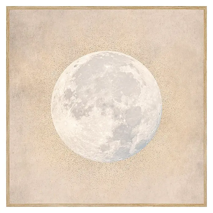 Cuadro Textura Luna Plata - Textura Nubes, An x Al: 40 x 40 cm, 1 pzs. - Obra de arte enmarcada de luna llena. La imagen muestra una luna llena detallada sobre un fondo beige texturizado, perfecta para cualquier habitación.