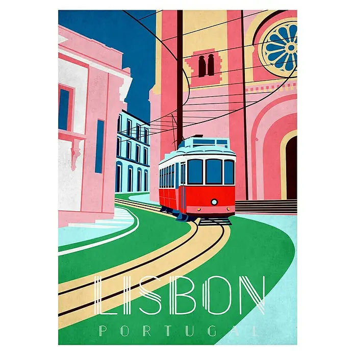 Cuadro Lisboa - Lisboa, An x Al: 50 x 70 cm, 1 pzs. - Ilustración de un tranvía rojo de Lisboa frente a edificios de colores pastel y la inscripción "Lisboa Portugal".