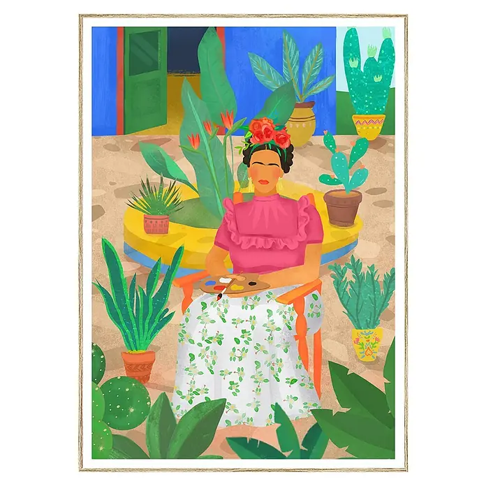 Cuadro Frida Kahlo - Frida Kahlo, An x Al: 50 x 70 cm, 1 pzs. - Ilustración colorida de Frida Kahlo rodeada de exuberantes plantas y cactus, que refleja su estilo único y personalidad vibrante.