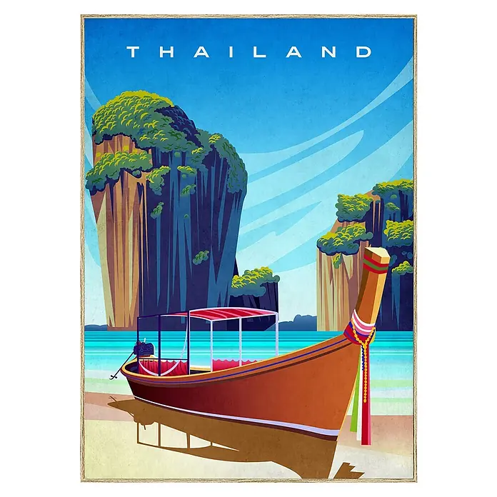 Cuadro Thailand - Thailand, An x Al: 50 x 70 cm, 1 pzs. - Póster de viaje de Tailandia con un barco tradicional de cola larga en la playa, con exuberantes acantilados de piedra caliza y cielos azules.
