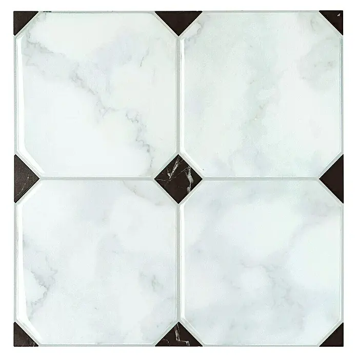 Smart Tiles Selbstklebemosaik Betera - 19,69 x 19,69 cm, Blanco, Glänzend - Quadratische, selbstklebende Vinylfliese mit Marmor-Optik und schwarzen Akzenten für eine einfache und stilvolle Bodengestaltung.