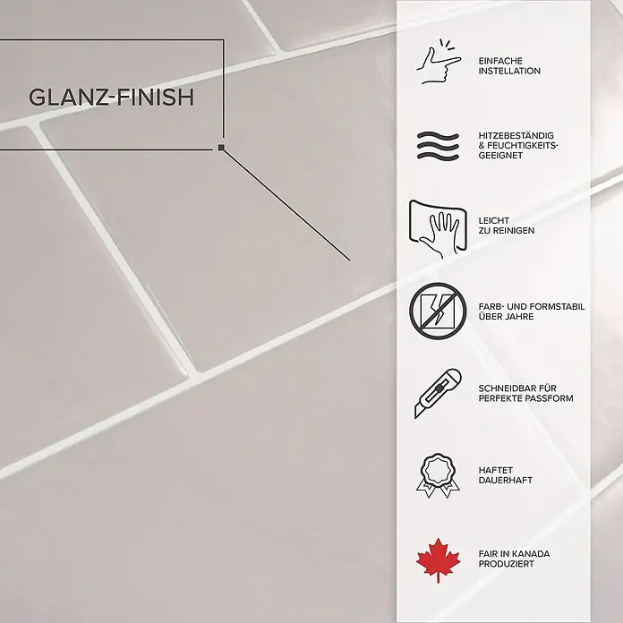Smart Tiles Selbstklebemosaik Oslo - 57,31 x 27,62 cm, Grey, Glänzend - Glänzende Fliesen mit praktischen Produkteigenschaften: einfache Installation, hitzebeständig, leicht zu reinigen, formstabil und in Kanada produziert.