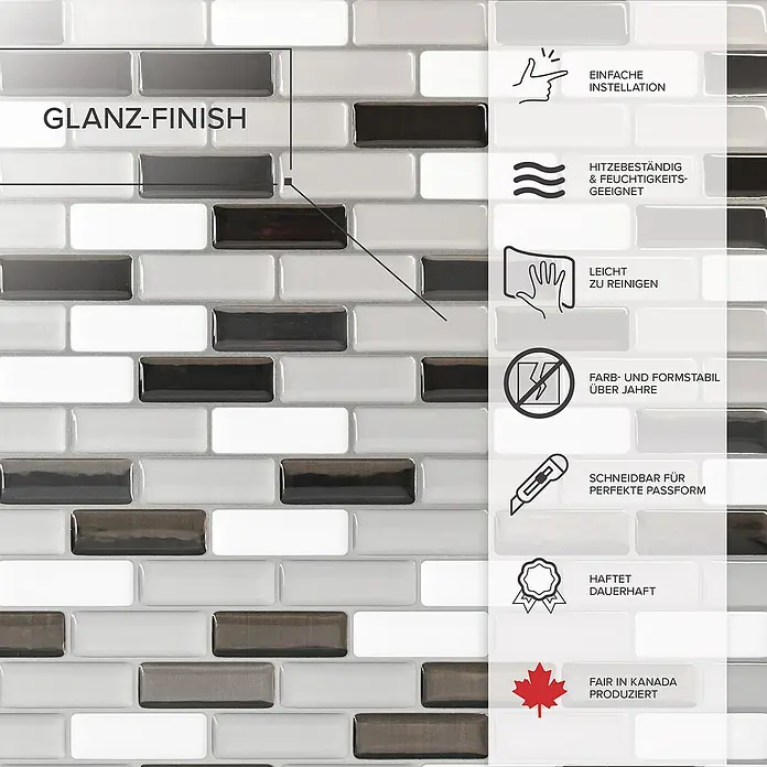 Smart Tiles Selbstklebemosaik Murano - 25,92 x 23,11 cm, Metallic, Glänzend - Wandpaneele mit Glanz-Finish in Weiß-, Grau- und Brauntönen, einfache Installation, hitzebeständig und leicht zu reinigen.