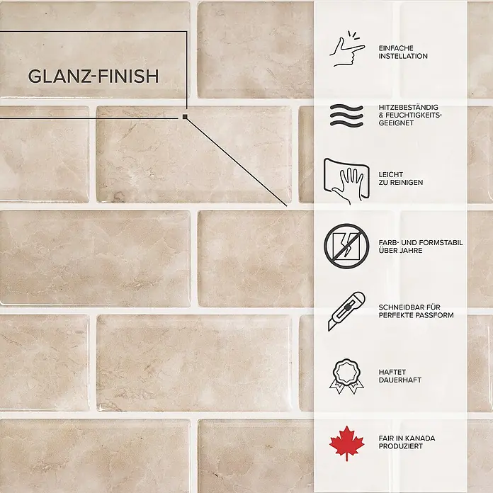 Smart Tiles Selbstklebemosaik Subway - 27,81 x 24,64 cm, Sora, Glänzend - Nahaufnahme von glänzenden Wandfliesen im Metro-Stil, die für einfache Installation, Hitzebeständigkeit und leichte Reinigung stehen.