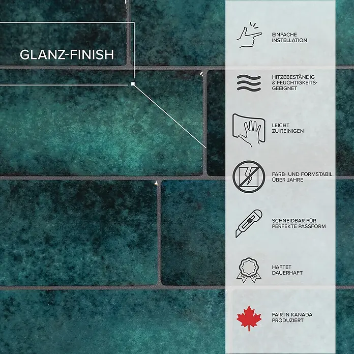 Smart Tiles Selbstklebemosaik Metro - 29,34 x 21,28 cm, Medina, Glänzend - Hochwertige, glänzende Fliesen in schimmerndem Türkis, ideal für Küche und Bad, mit einfachen Installationseigenschaften.