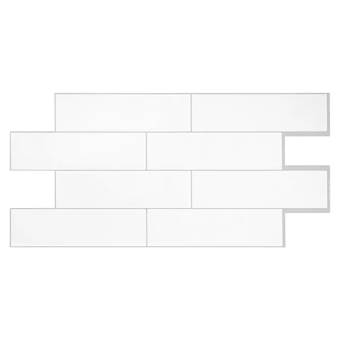 Smart Tiles Selbstklebemosaik Oslo - 57,31 x 27,62 cm, White, Glänzend - Hier ist ein Satz von weißen, rechteckigen Wandfliesen zu sehen, die aneinandergereiht sind und ein modernes und elegantes Aussehen verleihen.