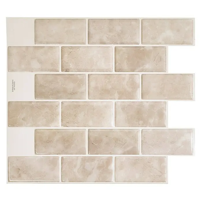 Smart Tiles Selbstklebemosaik Subway - 27,81 x 24,64 cm, Sora, Glänzend - Nahaufnahme einer selbstklebenden Fliesenrückwand in Marmoroptik, ideal für eine schnelle und einfache Küchenrenovierung.