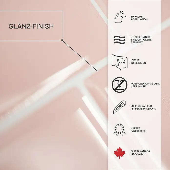 Smart Tiles Selbstklebemosaik Metro - 29,34 x 21,28 cm, Ava, Glänzend - Glanz-Finish-Produktbild mit Informationen zu einfacher Installation, Hitzebeständigkeit, leichter Reinigung, Formstabilität und kanadischer Produktion.