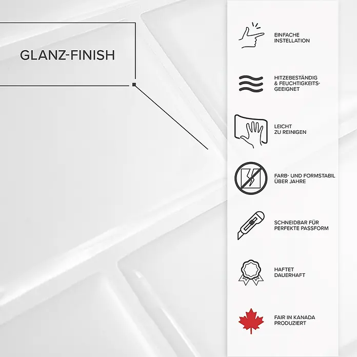Smart Tiles Selbstklebemosaik Subway - 27,81 x 24,64 cm, White, Glänzend - Produktmerkmale: Glanz-Finish, einfache Installation, hitzebeständig, leicht zu reinigen, formstabil, zuschneidbar, haftet dauerhaft, fair in Kanada produziert.