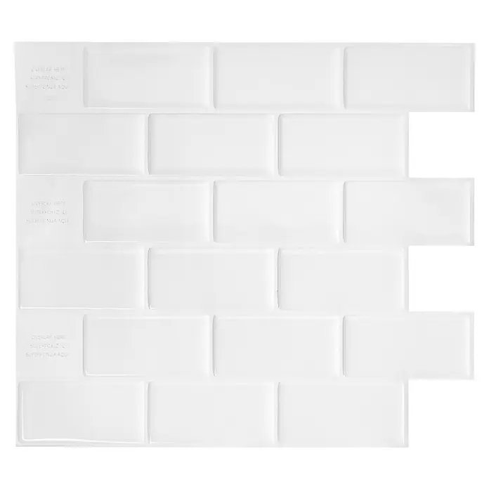 Smart Tiles Selbstklebemosaik Subway - 27,81 x 24,64 cm, White, Glänzend - Nahaufnahme eines Paneels mit weißen Ziegelmotiven, ideal für moderne Wandverkleidungen in Küche oder Bad.