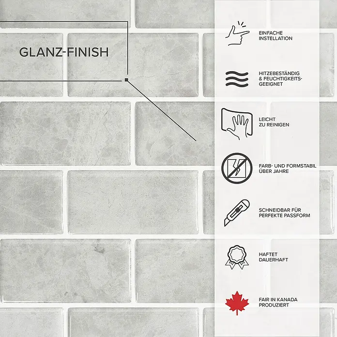 Smart Tiles Selbstklebemosaik Subway - 27,81 x 24,64 cm, Fondi, Glänzend - Glänzende Fliesen mit einfacher Installation, hitzebeständig, leicht zu reinigen, formstabil, zuschneidbar und fair in Kanada produziert.