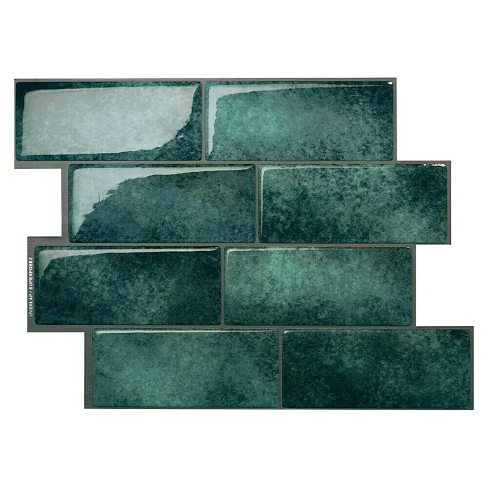 Smart Tiles Selbstklebemosaik Metro - 29,34 x 21,28 cm, Medina, Glänzend - Detailaufnahme einer glänzenden, blaugrünen Keramikfliese im Metro-Stil, ideal für Küchen- und Badgestaltung.