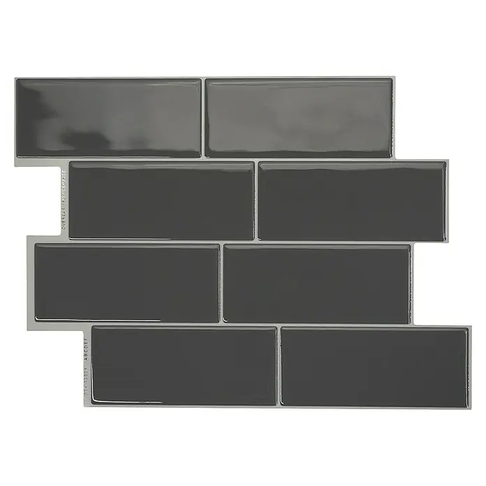 Smart Tiles Selbstklebemosaik Metro - 29,34 x 21,28 cm, Grigio, Glänzend - Nahaufnahme einer grauen, abziehbaren und aufklebbaren Fliesenrückwand. Perfekt für Küchen- oder Badezimmerrenovierungen, für einen modernen Look.