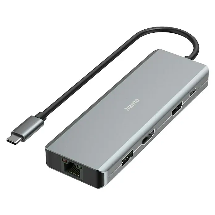 Hama USB-Hub 9 Ports - USB A-Stecker, USB C-Stecker - Produktansicht eines Hama USB-C-Hubs mit mehreren Anschlüssen, wie USB, HDMI und Ethernet, vor einem dunklen Hintergrund.
