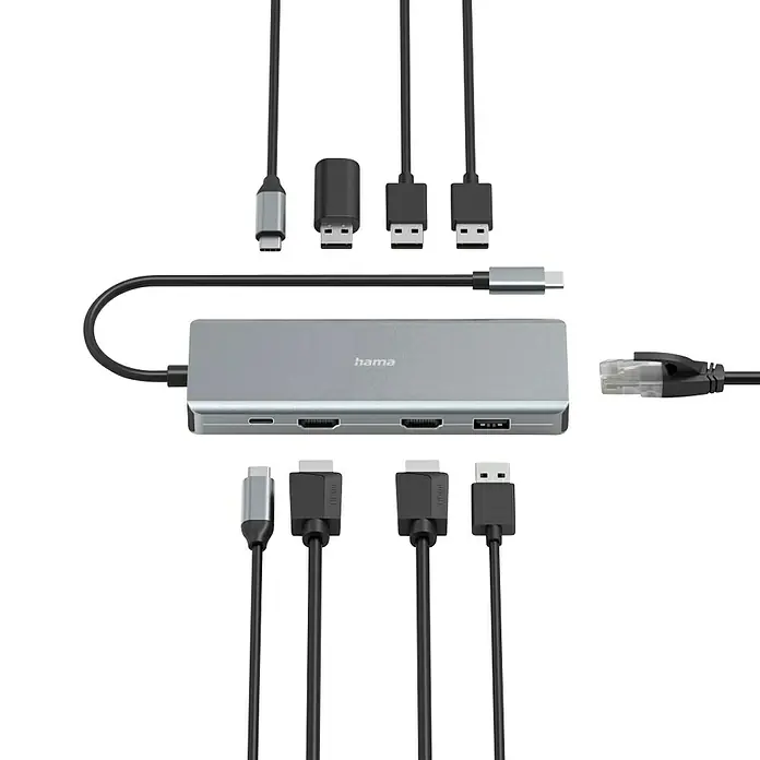Hama USB-Hub 9 Ports - USB A-Stecker, USB C-Stecker - Hama USB-C Docking-Station im Detail. Die Dockingstation bietet vielseitige Anschlüsse und Konnektivität für Notebooks und andere Geräte.