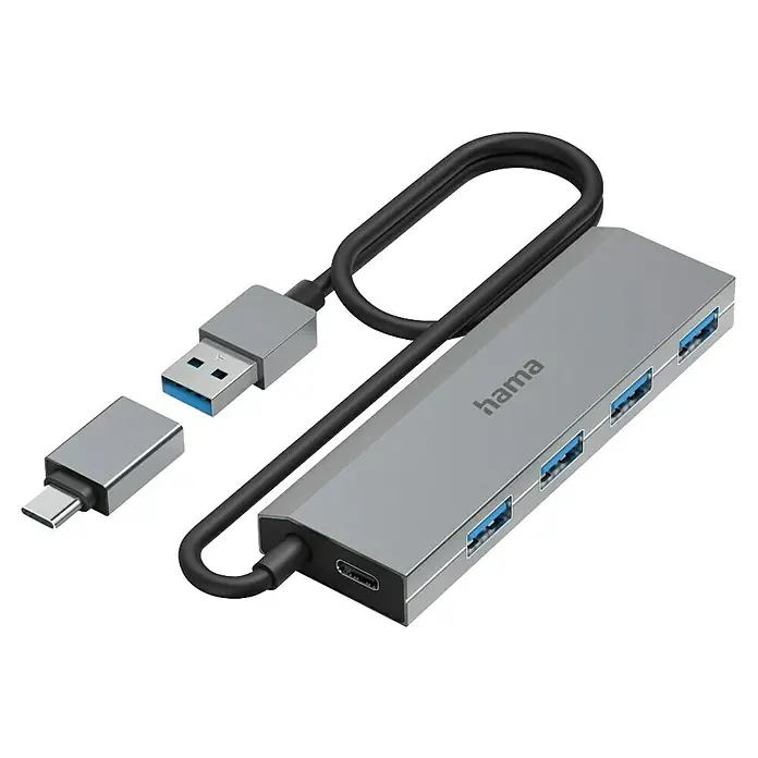 Hama USB-Hub 00200138 - USB A-Stecker, USB C-Stecker - Abbildung eines Hama USB-C-Hubs mit mehreren USB-Anschlüssen und einem USB-C-Kabel für vielseitige Konnektivität.