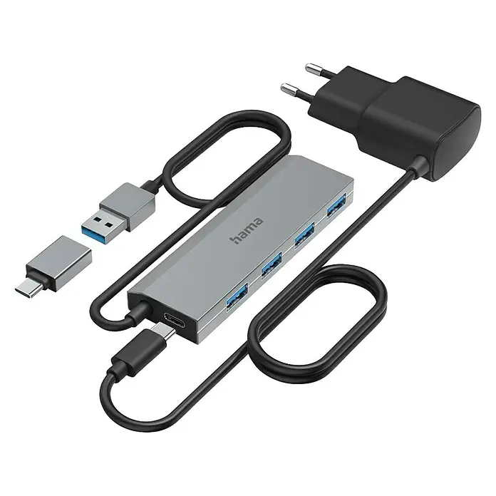 Hama USB-Hub 00200138 - USB A-Stecker, USB C-Stecker - Ein Hama USB-C Hub mit mehreren USB-A-Anschlüssen, einem USB-C-Kabel und einem Netzteil für verbesserte Konnektivität.