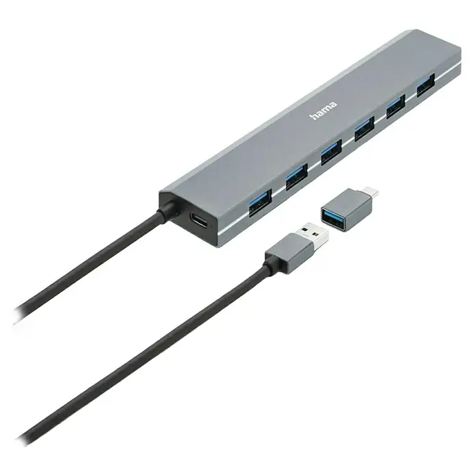 Hama USB-Hub - USB-A-Buchse, USB-C-Buchse - Hama USB-Hub: Schlankes, graues Design mit mehreren Anschlüssen und Kabel für vielseitige Konnektivität.