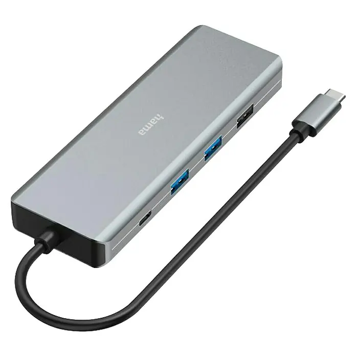 Hama USB-Hub 9 Ports - USB A-Stecker, USB C-Stecker - Ein silberner Hama USB-C-Hub mit mehreren Anschlüssen und einem Kabel. Der Hub ist mit USB- und anderen Anschlüssen für Geräte ausgestattet.
