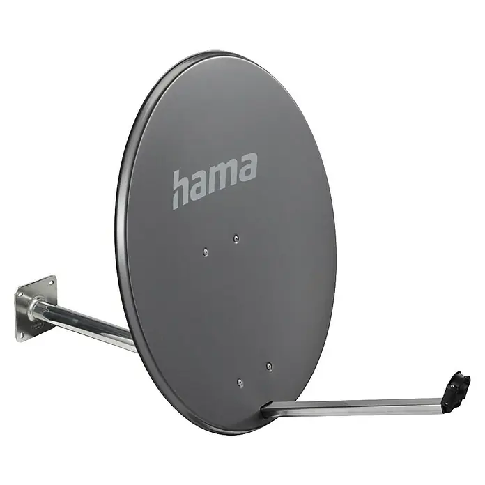 Hama Satelliten-Antenne 00121780 - Durchmesser: 80 cm - Eine Hama Satellitenantenne in Grau ist an einer Wandhalterung befestigt. Das Logo der Marke Hama ist gut sichtbar.