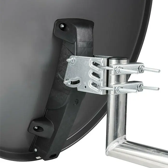 Hama Satelliten-Antenne 00121780 - Durchmesser: 80 cm - Nahaufnahme einer Satellitenschüssel mit Montagehalterung, die die Details der Befestigungselemente und der Konstruktion zeigt.
