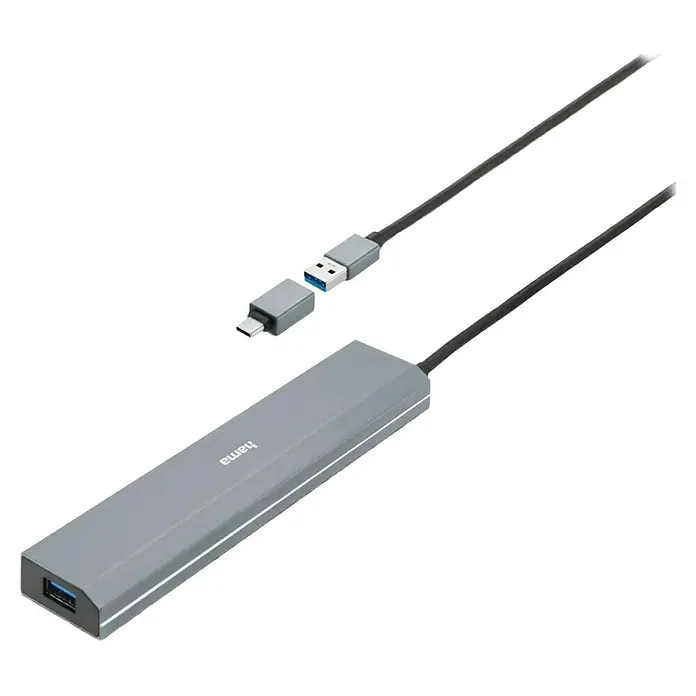 Hama USB-Hub - USB-A-Buchse, USB-C-Buchse - Grauer Hama USB-Hub mit Kabel und Anschlüssen. Er bietet eine zuverlässige Verbindung für Ihre Geräte und ist kompakt.