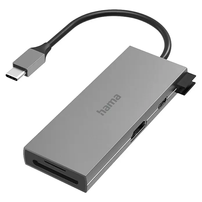 Hama USB-Hub 00200110 - USB A-Stecker, USB C-Stecker - Grauer Hama USB-C Hub mit Anschlusskabel, verschiedenen Ports für Geräte und Kartenleser, um die Konnektivität zu erweitern.