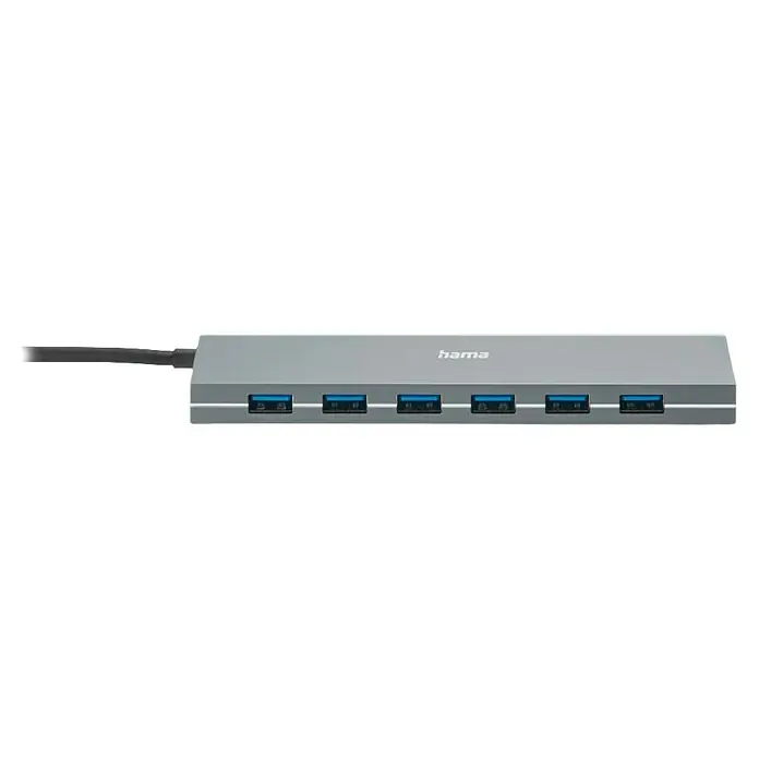 Hama USB-Hub - USB-A-Buchse, USB-C-Buchse - Silberner Hama USB-Hub mit sieben blauen USB-Anschlüssen. Praktisches Zubehör für mehr Konnektivität am Computer.
