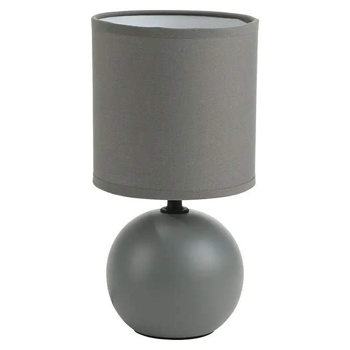 Idp Lampshades Lámpara de sobremesa redonda Loula - 40 W, Gris, E14 - Primer plano de una moderna lámpara de mesa gris con base redonda y pantalla cilíndrica, que muestra un diseño minimalista.