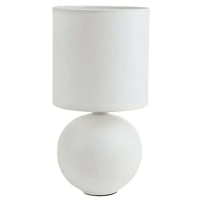Idp Lampshades Lámpara de sobremesa redonda Loula - 40 W, Blanco, E14 - Una lámpara de mesa moderna con una base redonda blanca y una pantalla cilíndrica, ideal para interiores contemporáneos.