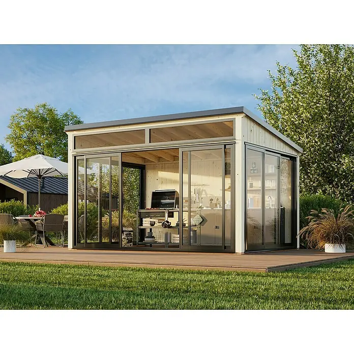 Palmako Caseta de jardín Saga Slide - L x An: 297 x 420 cm, Natural, Con cristal templado de 4 mm, Puerta corredera - Moderna caseta de jardín con puertas correderas y suelo de madera. El espacio luminoso y abierto es perfecto para actividades al aire libre y relax.