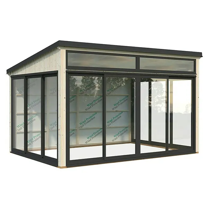 Palmako Caseta de jardín Saga Slide Plus - L x An: 297 x 420 cm, Natural, Doble acristalamiento de 24 mm, Puerta corredera - Una caseta de jardín moderna con puertas correderas y claraboyas, ideal para relajarse y protegerse del viento.