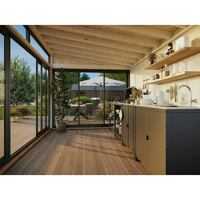 Palmako Caseta de jardín Saga Slide Plus - L x An: 297 x 420 cm, Natural, Doble acristalamiento de 24 mm, Puerta corredera - Un moderno sistema de cocina exterior con fregadero, encimera y estanterías, con la ventana detrás, que combina funcionalidad y estética.