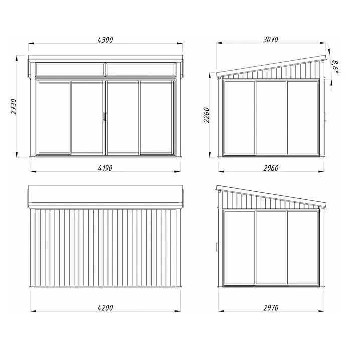 Palmako Caseta de jardín Saga Slide Plus - L x An: 297 x 420 cm, Natural, Doble acristalamiento de 24 mm, Puerta corredera - Vista superior de la caseta de jardín con puertas correderas, dimensiones de 4300 x 2730 mm y techo inclinado.