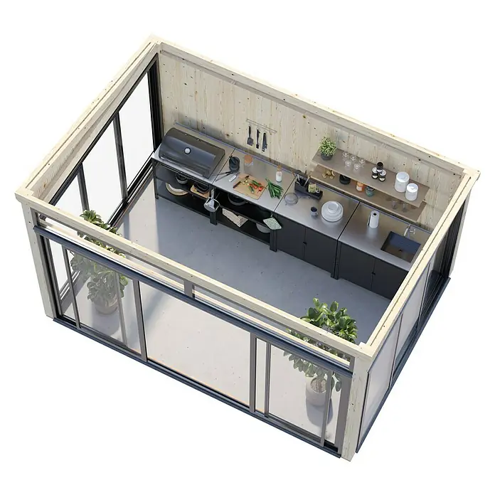 Palmako Caseta de jardín Saga Slide Plus - L x An: 297 x 420 cm, Natural, Doble acristalamiento de 24 mm, Puerta corredera - Cocina espaciosa con parrilla, encimeras de acero inoxidable y amplios ventanales, que fusionan el estilo de cocina interior y exterior.