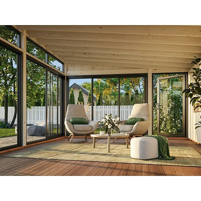 Palmako Caseta de jardín Saga Slide Plus - L x An: 420 x 582 cm, Natural, Doble acristalamiento de 24 mm, Puerta de una hoja - Acogedora sala de estar con dos sillones, una mesa y un taburete, ideal para momentos de relax.
