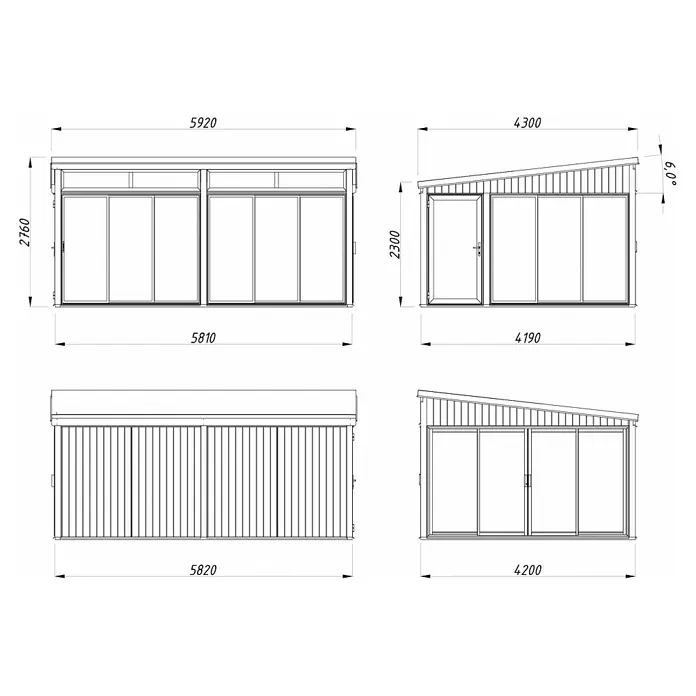 Palmako Caseta de jardín Saga Slide Plus - L x An: 420 x 582 cm, Natural, Doble acristalamiento de 24 mm, Puerta de una hoja - Ilustración de una caseta de jardín con puertas correderas y techo a un agua, dibujo técnico con dimensiones.