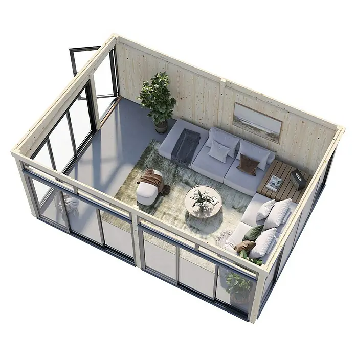 Palmako Caseta de jardín Saga Slide Plus - L x An: 420 x 582 cm, Natural, Doble acristalamiento de 24 mm, Puerta de una hoja - Casita de jardín moderna y luminosa con grandes ventanas y mobiliario acogedor. La casa es perfecta para relajarse y disfrutar de la naturaleza.