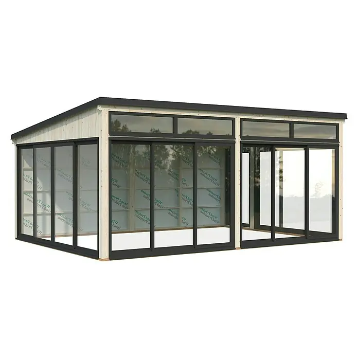 Palmako Caseta de jardín Saga Slide Plus - L x An: 420 x 582 cm, Natural, Doble acristalamiento de 24 mm, Puerta de una hoja - Una caseta de jardín moderna con grandes ventanales y marcos oscuros, que ofrece mucha luz y una vista del verde.