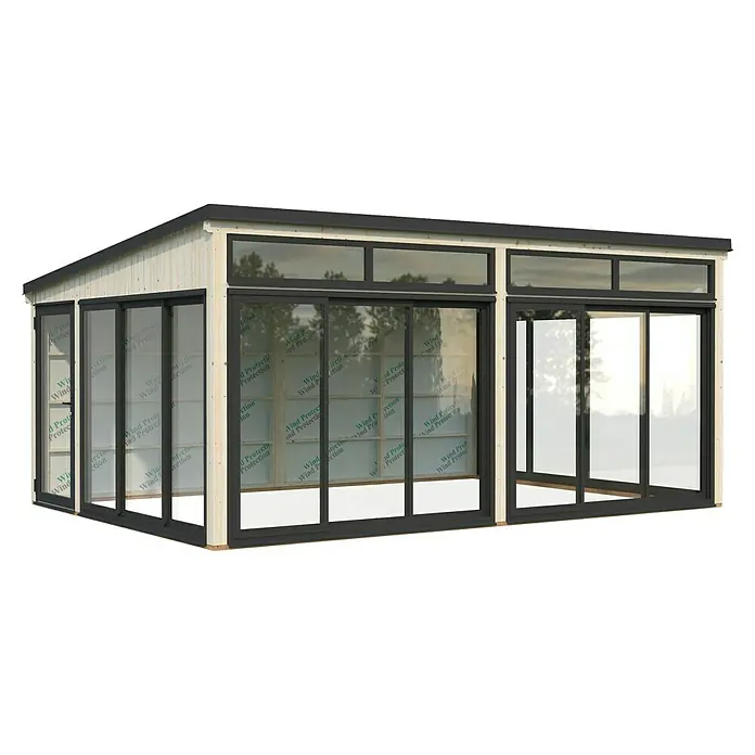 Palmako Caseta de jardín Saga Slide Plus - L x An: 420 x 582 cm, Natural, Doble acristalamiento de 24 mm, Puerta de una hoja - Una sauna de jardín moderna con puertas correderas y tragaluces, perfecta para una experiencia de bienestar relajante en su propio jardín.
