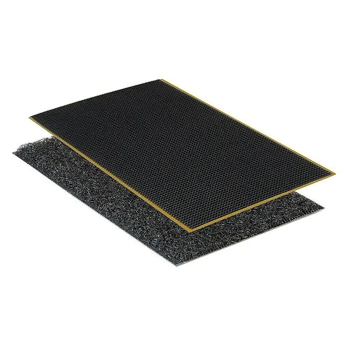 Montagepads für Akustikpaneele - L x B x S: 70 x 40 x 1 mm, Schwarz - Detailansicht einer Fußmatte mit zwei Schichten, einer schwarzen Gummioberfläche und einer darunterliegenden, grauen Schmutzfangschicht.