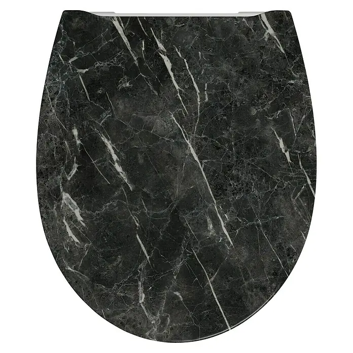 Poseidon WC-Sitz - Duroplast, Teramo, Mit Absenkautomatik - Abgebildeter ovaler, grauer Marmortischplatte mit weißen Adern, die eine elegante und luxuriöse Ästhetik bietet.