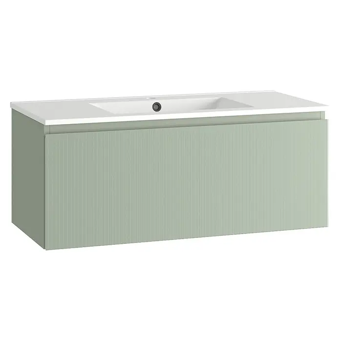 Mueble bajo de lavabo Cristal - L x An x Al: 45 x 60 x 40 cm, Verde atlántico, Número de cajones: 1 ud. - Aquí hay un tocador de color verde salvia con una encimera blanca y un lavabo encastrado.