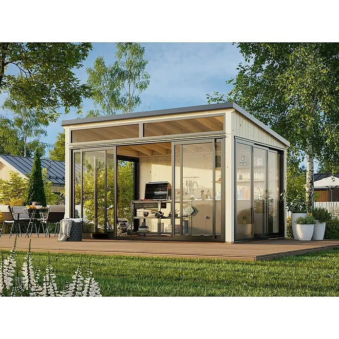 Palmako Caseta de jardín Saga Slide Plus - L x An: 297 x 420 cm, Natural, Doble acristalamiento de 24 mm, Puerta corredera - La imagen muestra una moderna caseta de jardín con puertas correderas de cristal, que se integra perfectamente en el entorno verde.