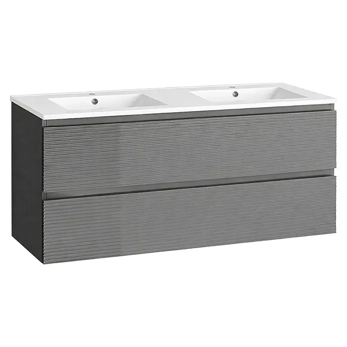 Mueble bajo de lavabo Cristal 2 senos - An x Pr x Al: 120 x 45 x 60 cm, Negro - Mueble de baño gris con dos cajones y doble lavabo con lavabos blancos para el baño.