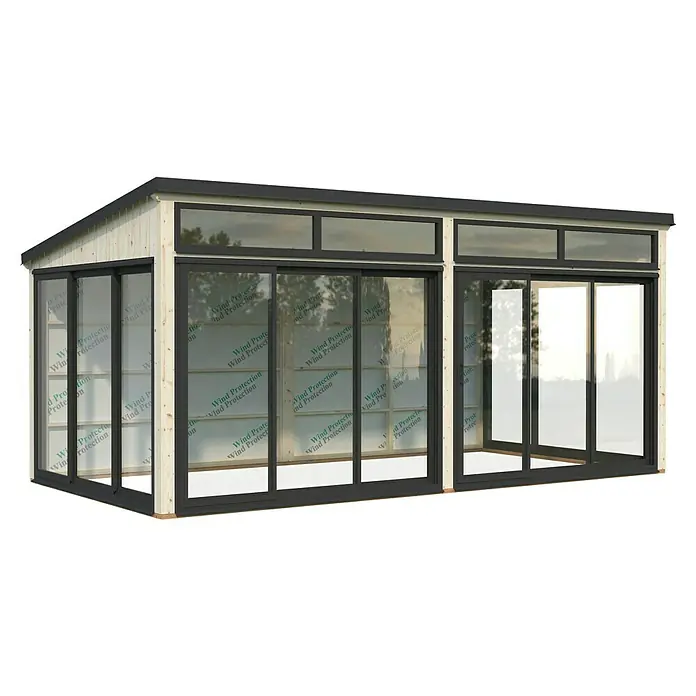 Palmako Caseta de jardín Saga Slide Plus - L x An: 297 x 582 cm, Natural, Doble acristalamiento de 24 mm, Puerta corredera - Una caseta de jardín moderna con puertas correderas y grandes superficies de vidrio para mucha luz natural y un espacio habitable abierto al aire libre.