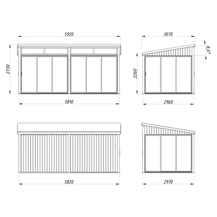 Palmako Caseta de jardín Saga Slide Plus - L x An: 297 x 582 cm, Natural, Doble acristalamiento de 24 mm, Puerta corredera - Dibujo de una casa de verano con dimensiones de 5920 x 3070 mm, 2730 mm de altura y un ángulo de pendiente de 8,6 grados.