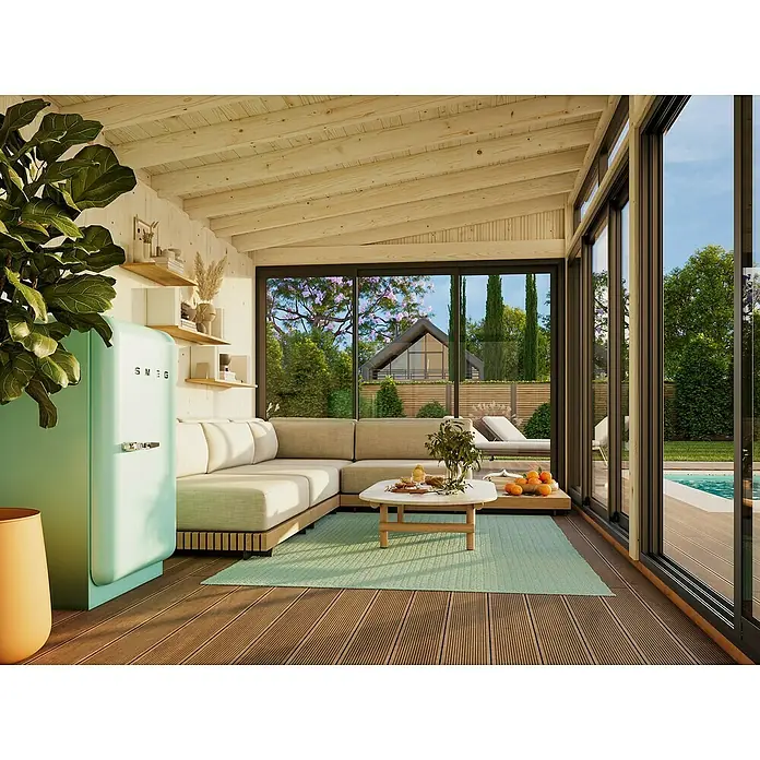 Palmako Caseta de jardín Saga Slide Plus - L x An: 297 x 582 cm, Natural, Doble acristalamiento de 24 mm, Puerta corredera - Nevera SMEG azul claro en una sala de estar elegante con grandes ventanas que dan a la piscina. Ambiente acogedor y diseño moderno.