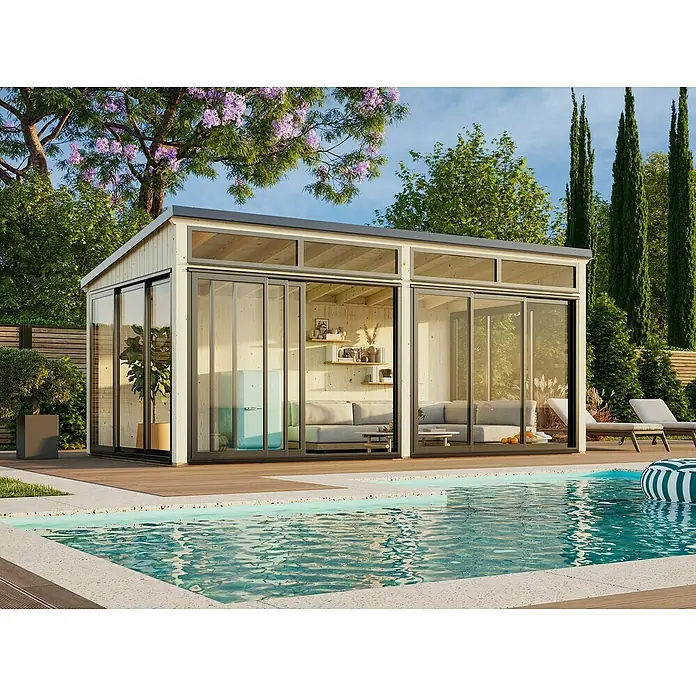 Palmako Caseta de jardín Saga Slide - L x An: 297 x 582 cm, Natural, Con cristal templado de 4 mm, Puerta corredera - Una moderna casa de piscina con grandes puertas correderas de vidrio, creando un espacio luminoso y acogedor.