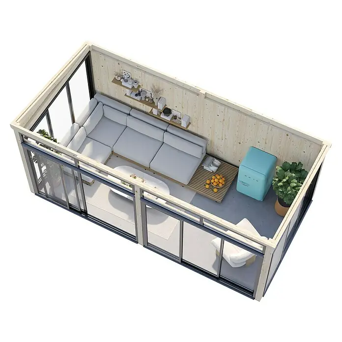 Palmako Caseta de jardín Saga Slide Plus - L x An: 297 x 582 cm, Natural, Doble acristalamiento de 24 mm, Puerta corredera - Un elegante espacio habitable con un sofá seccional, mesa y nevera turquesa, perfecto para relajarse y disfrutar.
